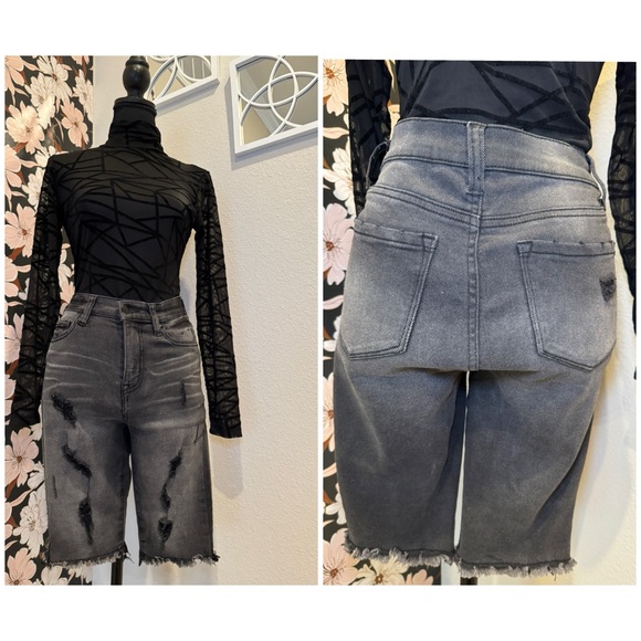 No Boundaries Cut-Off Shorts Women’s 7 Black Denim Distressed High-Rise - Picture 3 of 8